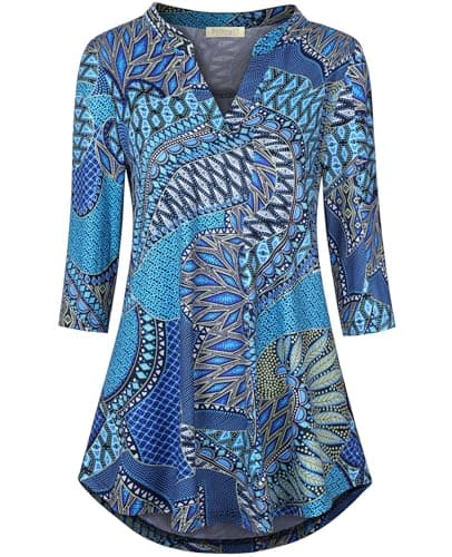 BAISHENGGT Womens Tops Trendy V Neck 3/4 Length Sleeve Tunics Work Blouses Going Out Shirts Large Vintage Blue - Image 1
