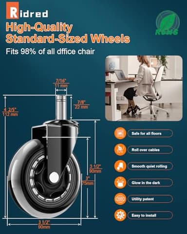 RidRed Office Chair Wheels - Replacement Rubber Wheels - Universal Fit 3 Inch Casters, Heavy-Duty Chair Casters, Noise Free, Fits 98% Chair, for All Floor (5) - Image 2