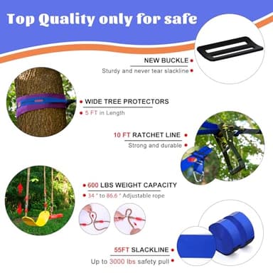2x65 FT Ninja Warrior Obstacle Course for Kids with 13 Ninja Accessories - 600lbs Weight Capacity, Slackline with Swing Seat, Disc Swing, Ninja Wheel, Rope Ladder, Monkey Bar, Ninja Ring, Arm Trainer - Image 5