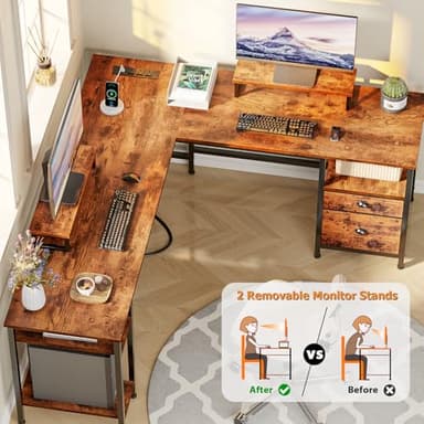 Furologee 66” L Shaped Desk with Power Outlet, Reversible Computer Gaming Desk with File Drawer & 2 Monitor Stands for Home Office with Storage Shelves, Rustic Brown - Image 6