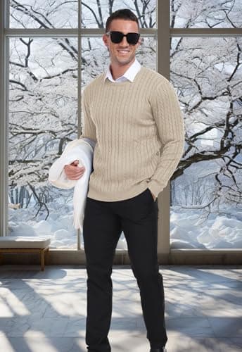 KUYIGO Men's Sweaters Crewneck Knitted Pullover Classic Slim Fit Casual Soft Twist Textured Sweatshirt Beige L - Image 5