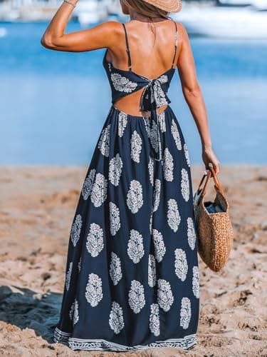 CUPSHE Summer Dress for Women Beach Paisley V Neck Sleeveless Cutout Casual Long Boho Maxi Formal Dress Navy Blue, L - Image 3