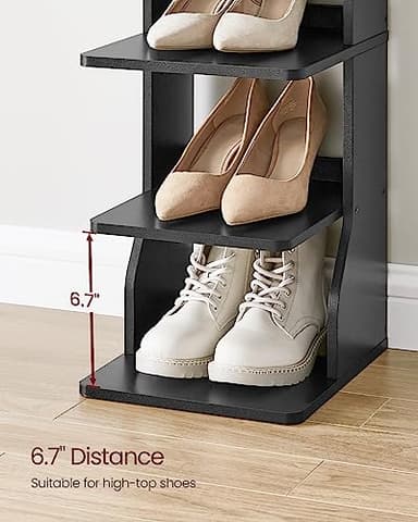 VASAGLE 7-Tier Vertical Shoe Rack, Narrow Shoe Storage Organizer with Hooks, Slim Corner Tower Shelf, Space-Saving for Entryway and Bedroom, Black ULBS200T16 - Image 3