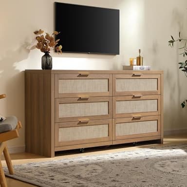 SICOTAS Rattan Dresser for Bedroom, 56.9" Wide 6 Drawer Dresser with Ample Storage, Dressers Large Chest of Drawers, Closet, Boho TV Stand for Bedroom (Reclaimed Caramel Oak, 1 Piece) - Image 7
