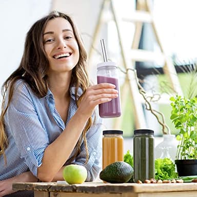 [ 8 Pack ] Glass Juicing Bottles with 2 Straws & 2 Lids w Hole- 16 OZ Travel Drinking Jars, Water Cups with Black Airtight Lids, Reusable Tall Mason Jar for Juice, Bubble Tea, Smoothie, Tea, Kombucha - Image 8