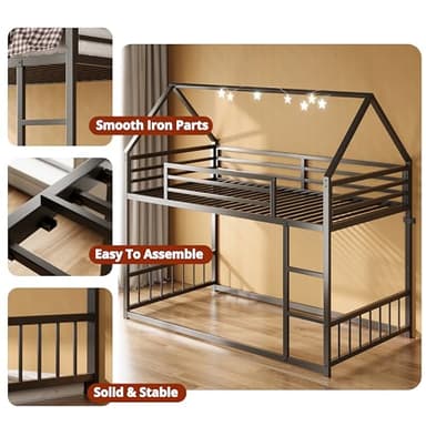 LIKIMIO Bunk Bed Twin Over Twin, House Bunk Bed Frame with Ladder and Guardrail, House Shaped with Metal Slats for Dormitory and Bedroom, Space Saving, No Box Spring Needed, Black - Image 3