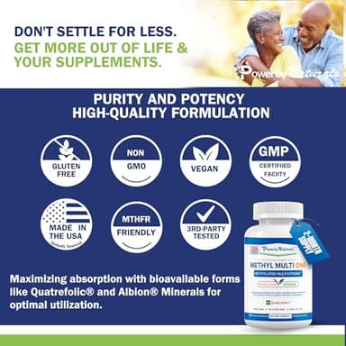 Power By Naturals Methyl Multi One - Iron-Free Methylated Multivitamin with Quatrefolic 5-MTHF, Active B12, P5P, CoQ10 & Zinc for MTHFR Support - Energy & Focus Formula - 60 Capsules (2-Month Supply) - Image 7