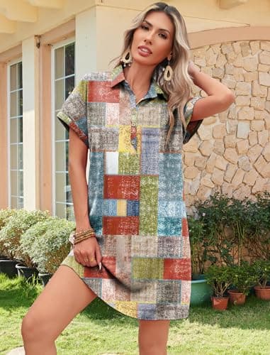 HOTOUCH Women's Button Down Dress 2025 Summer Beach Short Sleeve Casual Loose Dress Tunic Dresses with Pockets Color Block XL - Image 2