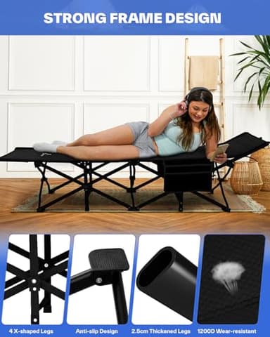 Sportneer Camping Cot: 1200D Double Layer Oxford Foldable Camping Cots for Adults - Heavy Duty Cots for Camping Travel Tent Day Outdoor & Home Guest, Camping Cots with Carry Bag & 2 Side Pockets - Image 4