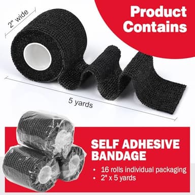 AZEN 16 Pack Self Adhesive Bandage Wrap Black, 2" X 5 Yards Black Athletic Tape, Vet Wrap, Tattoo Grip Tape Wrap,Ankle Tape, Cohesive Bandage Wrap - Image 2