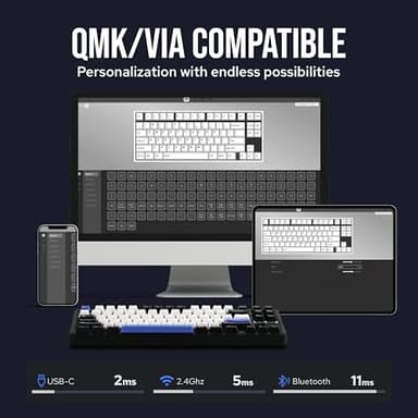 EPOMAKER TH85 QMK/VIA Wireless Gaming Keyboard, BT5.0/2.4GHz/USB-C, Hot Swappable Pre-lubed Custom Creamy Jade Linear Switches, Gasket Creamy Keyboard for PC/Mac/Office/Gaming (Black&White&Blue) - Image 6