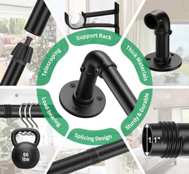 Qouara Curtain Rods for Windows 28 to 48 Inch, Black Adjustable Curtain Rod, Wrap Around Blackout Curtains Rod, Heavy Duty Industrial Curtains Rods, 1 Inch Outdoor/Indoor Drapery Pole 28-48" - Image 6
