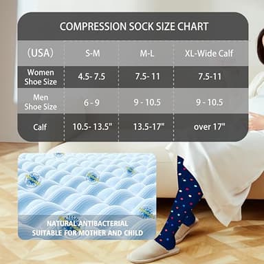 LEVSOX Cotton Compression Socks for Women&Men 20-30 mmHg Knee High Cute Fun Crazy Support Sock for Nurses, Travel and Flight, Pregnancy, 2 Pairs, Black and Navy Blue Polkadot - Image 5