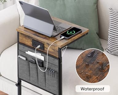 Vagusicc C Shaped End Table with Charging Station, 33" Tall Side Table for Couch, Sofa Table Adjustable Height Small Couch Side C Table, Slide Under Sofa Tray Arm Table for Living Room, Bedroom, Brown - Image 9