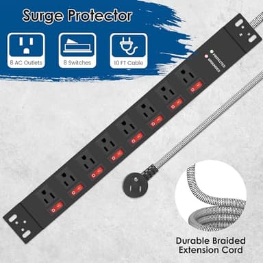 Rack Mount Power Strips,8 Outlet Strips Surge Protector with Individual Switches, PDU Power Strip for Server Racks, 14AWG Heavy-Duty Braided Extension Cord,2700J,15A 125V 1875W (10 FT Cable) - Image 3