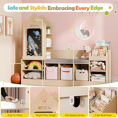 MU Kids Bookshelf with Reading Nook, Wooden Toy Storage Organizer with Chalkboard and Bench, Kids Reading Nook for Boys & Girls, Toddler Toy Shelf for Bedroom, Nursery, Playroom, Natural Oak - Image 5