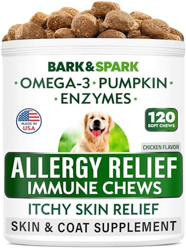 BARK&SPARK Dog Allergy Relief Chews - Anti-Itch Skin & Coat Supplement - Omega 3 Fish Oil - Itchy Skin Relief Treatment Pills - Itching&Paw Licking - Dry Skin&Hot Spots - (120 Immune Treats - Chicken) - Image 1