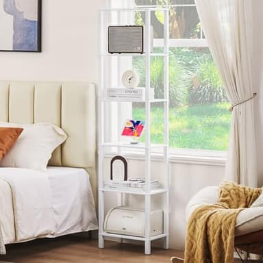 YUFAM 66in Tall Bookshelf 6-Tier Small Narrow Bookcase, Skinny Book Shelf for Small Space, Farmhouse Slim Shelf with Storage, Wood Freestanding Display Thin Bookshelves for Living Room, Office, White - Image 7