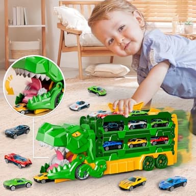 iHaHa Dinosaur Race Track Toys for Ages 3-4 4-6, 59-inches Transport Dinosaur Truck with 12 Die-cast Cars, Carrier Truck Toy Birthday Gifts Toys for 3 4 5 6 Year Old Boy - Image 6