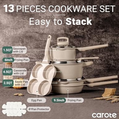 CAROTE 13pcs Pots and Pans Set Non Stick, Taupe Nonstick Cookware Set, Frying pans with lids, Kitchen Essentials Pot and Pan, Induction Cookware - Image 2