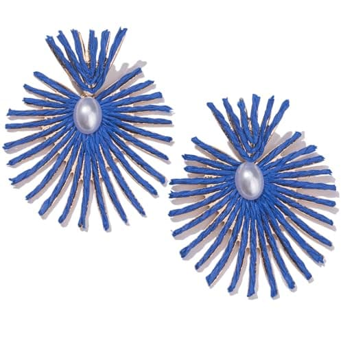 Burst Statement Earrings Raffia Pearl Earrings Gold Heart Boho Dangle Earrings Trendy Summer Jewelry for Women(Royal Blue) - Image 1