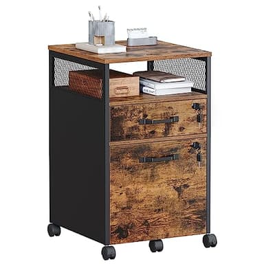 VASAGLE File Cabinet, Mobile Filing Cabinet on Wheels, for Home Office, 2 Lockable Drawers, for A4, Letter-Size Hanging File Folders, Open Shelf, Steel Frame, Rustic Brown and Ink Black UOFC077B01 - Image 1