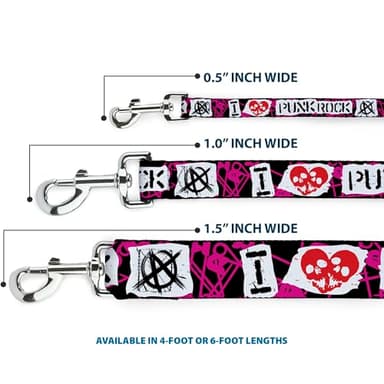 Dog Leash I Heart Punk Rock Safety Pins Black Fuchsia White 4 Feet Long 0.5 Inch Wide - Image 3