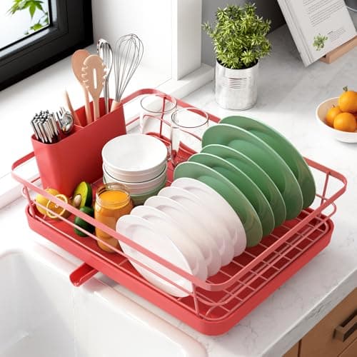 Kitsure Dish Drying Rack for Kitchen Counter, Stainless Steel Sink Organization and Storage Essentials with Cutlery Holder, Home and Appartment Decor, 12''W x 15.5''L, Red - Image 1