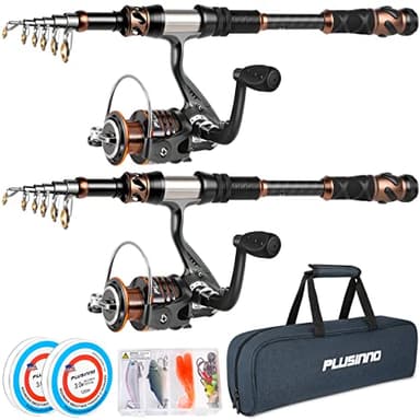 PLUSINNO Fishing Rod and Reel Combos -24 Ton Carbon Fiber Telescopic Fishing Pole - Spinning Reel 12 +1 Shielded Bearings Stainless Steel BB-Free Carrier Bag Case, Travel Saltwater Freshwater Fishing - Image 1