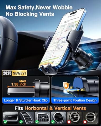 VANMASS Car Phone Holder Mount 2025 Upgraded [Patent Steel-Hook] Car Vent Phone Mount Clip Military-Grade Shockproof Cell Phone Car Mount Handsfree Truck Stand Vent Cradle for iPhone 16 Android,Black - Image 6