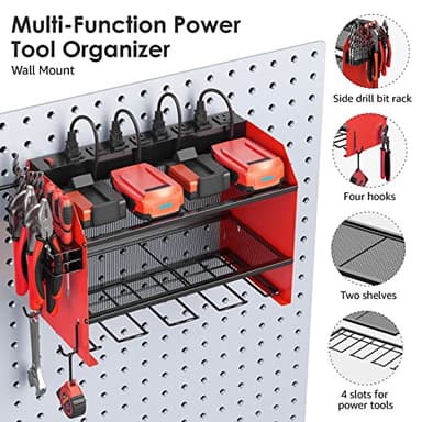 CCCEI Modular Power Tool Organizer Wall Mount with Charging Station. Garage 4 Drill Storage Shelf with Hooks, Screwdriver, Drill Bit Heavy Duty Rack, Tool Battery Holder Built in 8 Outlet Power Strip. - Image 5