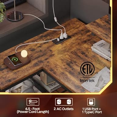 Bestier Gaming Desk with Power Outlets, 42" L-Shaped Gaming Desk with LED Lights, Desk with Reversible Storage Shelves & Hooks for Small Spaces, Bedrooms & Offices,Rustic Brown - Image 4