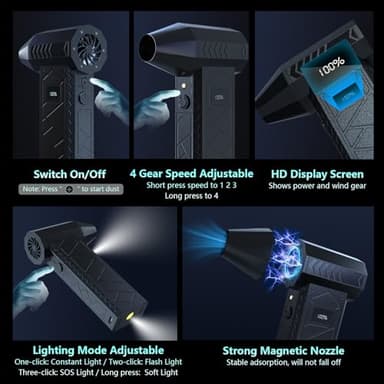 DEGGE 10000mAh Compressed Air Duster, 180000RPM Electric Air Duster with Display Screen & Light, 4 Gear Adjustable Cordless Rechargeable Turbo Car Dryer Jet Air Blower for Keyboard,Computer,Car,Home - Image 3