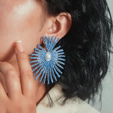 Burst Statement Earrings Raffia Pearl Earrings Gold Heart Boho Dangle Earrings Trendy Summer Jewelry for Women(Royal Blue) - Image 3