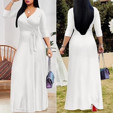FANDEE Women's 2025 Maxi Dress - Solid Color Bohemian Summer Long Maxi Dress V-Neck 3/4 Sleeve White 2XL - Image 4