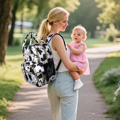 Pritent Diaper Bag Backpack,Baby Essentials Diapers Bag with Pacifier Case,Multipurpose Stylish Large Capacity Travel Backpack for Baby Girl/Boy(L-Cow Print) - Image 2