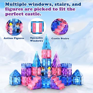 Magnetic Tiles 102pcs with 2 Stairs 2 Dolls Princess Castle Building Girls Toys Age 4-5 6-8 Magnetic Blocks Birthday Xmas Gifts for Girls Toys for 3 4 5 6 7 8+ Year Old - Image 4