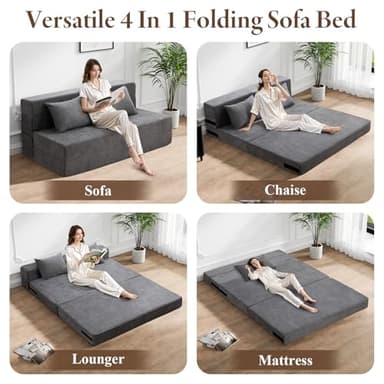 HOMFINE Folding Sofa Bed - Convertible Sleeper Chair with Pillow, Fold Out Couch, Memory Foam Floor Mattress, Futon Couch, Lazy Sofa for Living Room/Dorm/Guest Room/Home Office, Queen, Grey - Image 4