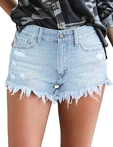 luvamia Women's High Waisted Jean Shorts, Frayed Raw Hem Denim Shorts, A1 Powder Blue, Size XL - Image 1