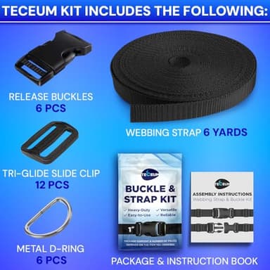 TECEUM Buckles & Strap Kit – 1" Black Nylon Webbing 6 (yd) – 6 Heavy Duty Adjustable Plastic Buckles – 12 Tri-Glide Slide Clips – 6 Metal D-Ring – Ideal Straps for Arts Crafts Outdoors Indoors DIY - Image 3