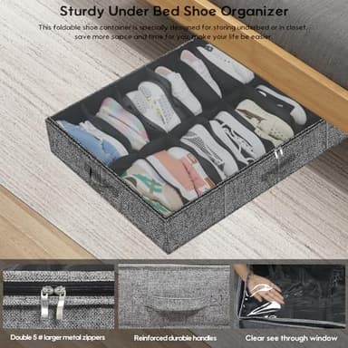 Friday Monkey Large Sturdy Thicken Shoe Storage Box, Clear Shoe Organizer for Closet Underbed, Folding Shoe Rack Sneaker Bin Holder Container Display Case, 16x2 Pairs, Linen-like Black, ZMXAUBS16P2 - Image 4