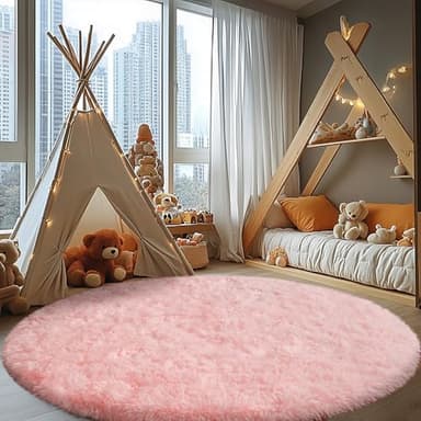 Pink Round Plush Rug for Living Room, Non-Slip Rugs, Furry Carpet for Nursery Room, Round Shaggy Rug for Living Room Area Rug 5Ft - Image 3