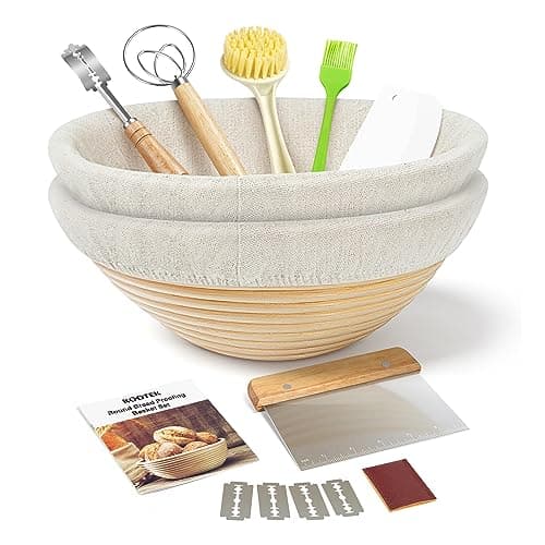 Kootek Banneton Bread Proofing Basket Set of 2, 9 Inch Round Sourdough Starter Kit, Baking Supplies Tools with Dough Whisk, Scoring Lame, and Other Accessories for Artisan Bread Making - Image 1