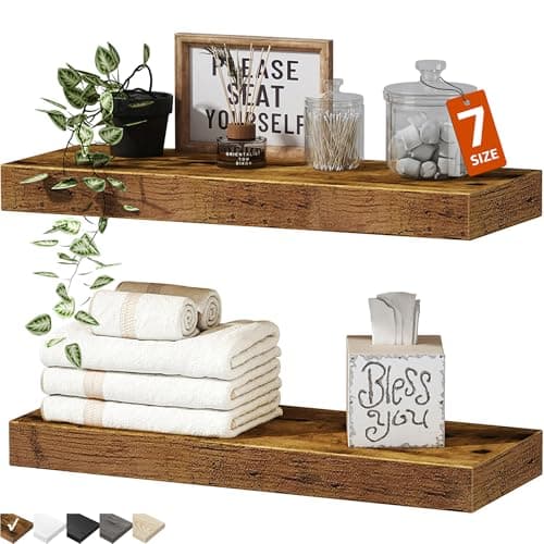 QEEIG Bathroom Floating Shelves for Wall - 15.7" Wall Mounted Shelf Over Toilet Farmhouse Home Decor Display Bookshelf Small 15.7 x 6.7 inch Set of 2, Rustic Brown (008-40BN) - Image 1
