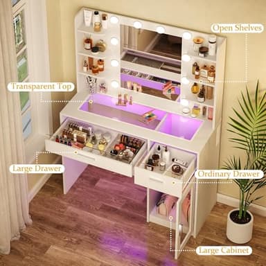HUAHUU Vanity Desk with Mirror and Lights, Makeup Vanity Desk with Lights 3 Colors, Transparent Top Vanity with 2 RGB Drawers, 6 Shelves, Large Tempered Cabinet, Power Outlet, for Bedroom, White - Image 2
