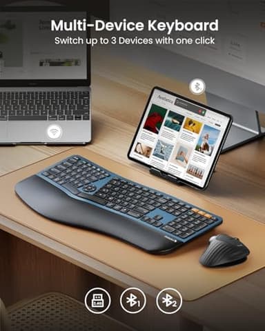 ProtoArc Backlit Bluetooth Ergonomic Keyboard, EK01 Plus Full Size Wireless Split Keyboard with Dual Bluetooth and USB, Cushioned Wrist Rest, Rechargeable, Compatible with Windows/Mac/Android, Blue - Image 3