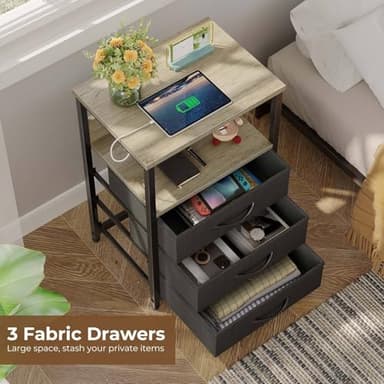 Seventable Nightstand with Charging Station and LED Light, Side Table with 3 Fabric Drawers, Bedside End Table with USB Ports and Outlets, Night Stand for Bedroom, Greige - Image 2