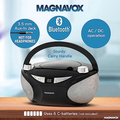 Magnavox MD6949 Portable Top Loading CD Boombox with AM/FM Stereo Radio and Bluetooth Wireless Technology in Black | CD-R/CD-RW Compatible | LED Display | (Black) - Image 3