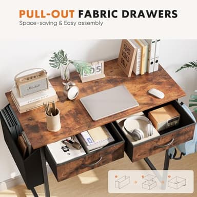 Sweetcrispy Computer Desk Small 32 Inch Home Office Bedroom Writing Study PC Table with Fabric Storage Drawers Space Side Bag Headphone Hook Adjustable Feet Modern Simple Style, Rustic Brown - Image 4