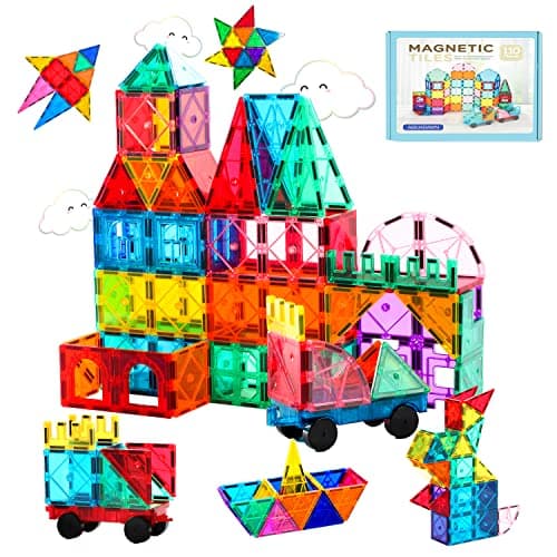 Aquadawn 110 Pieces Magnetic Building Tiles Set with 2 Cars, Magnetic Building Blocks for Toddlers 1-3, Educational Toys Tiles for Kids Ages 4-8, 3D Toys Gifts for Girls Boys - Image 1